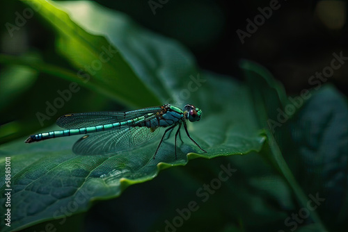 A dragonfly is seen resting on a green leaf in a natural setting, its delicate wings folded gently on its back AI Generative © Mr. Bolota