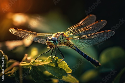 A dragonfly is seen resting on a green leaf in a natural setting, its delicate wings folded gently on its back AI Generative