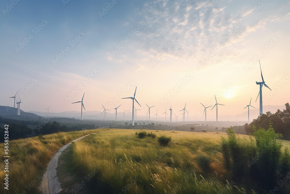 Wind turbines in a wind farm at sunset. Renewable energy concept. Generative AI Wind turbines in a wind farm at sunset. Renewable energy concept. Generative AI