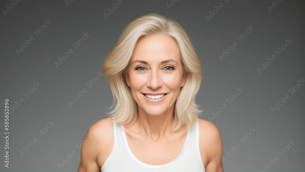 Mature smiling woman portrait with blond hair and white top. Isolated on grey background. Copy space. Generative AI Mature smiling woman portrait with blond hair and white top. Isolated on grey background. Copy space. Generative AI