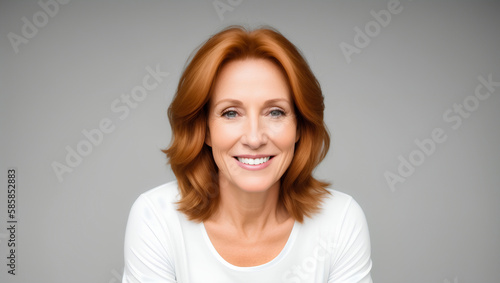 Happy confident mature woman with natural skin, healthy hair and white teeth. Grey background with copy space. Generative AI