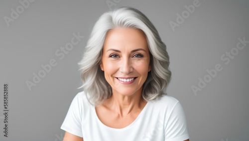 Happy confident mature woman with natural skin, healthy hair and white teeth. Grey background with copy space. Generative AI