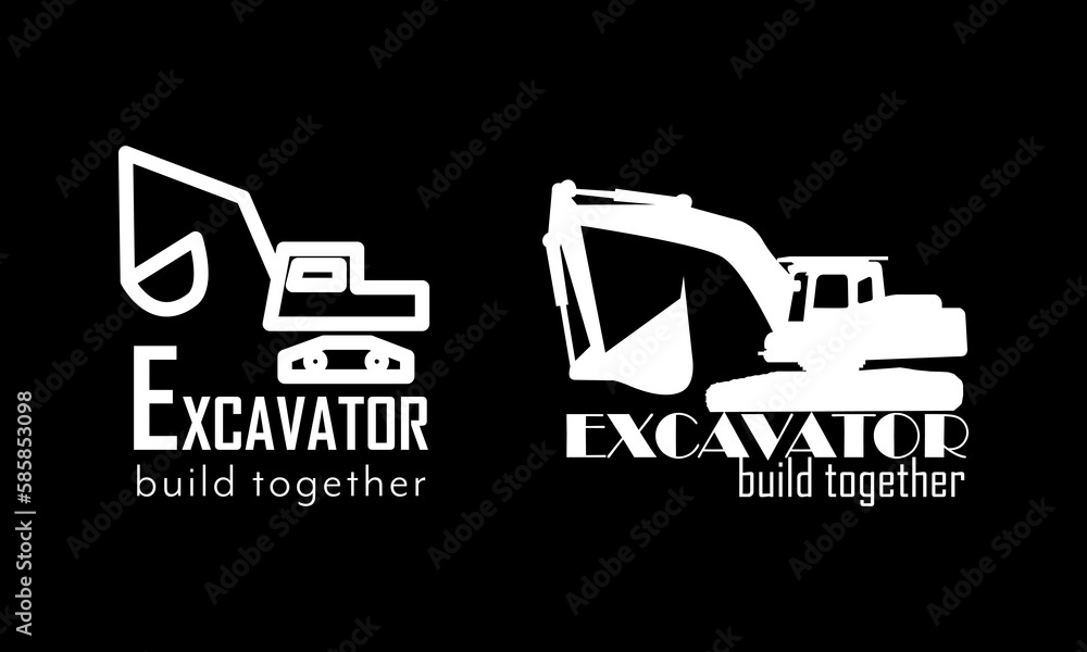 2 different logos for building company brand excavator, white color on black background, one icon in more modern style, one other in more realistic 2 different logos for building company brand excavator, white color on black background, one icon in more modern style, one other in more realistic