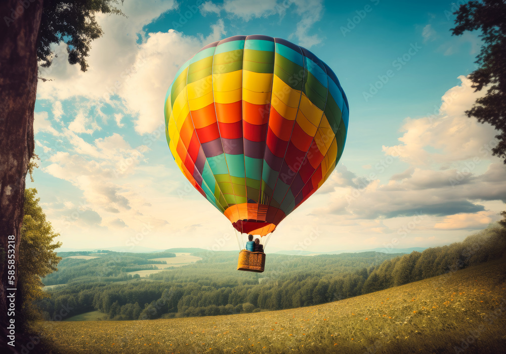 Fototapeta premium A multicoloured hot air balloon take off under field and forest. Created with Generative AI.