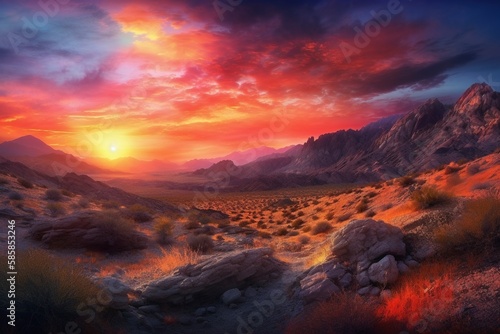 Radiant Sunset over Surreal Landscape Generative Ai