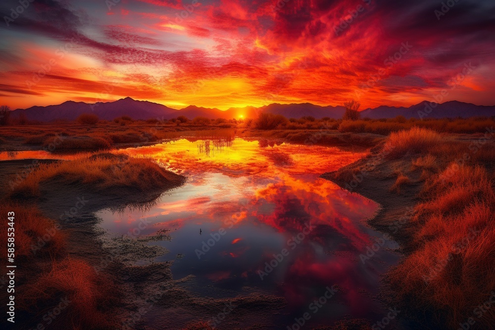 Radiant Sunset over Surreal Landscape Generative Ai