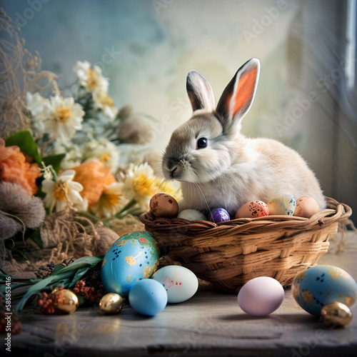 Easter bunny in a basket with easter eggs around them
