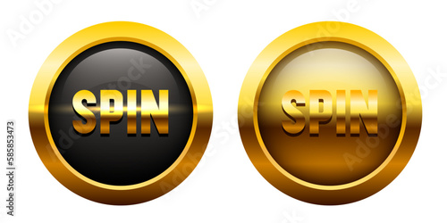 Spin button. Golden letters on a black background. Buttons for online casino. Vector clipart isolated on black background.