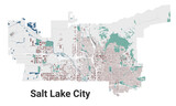 Salt Lake City map, capital city of the USA state of Utah. Municipal administrative area map with buildings, rivers and roads, parks and railways.