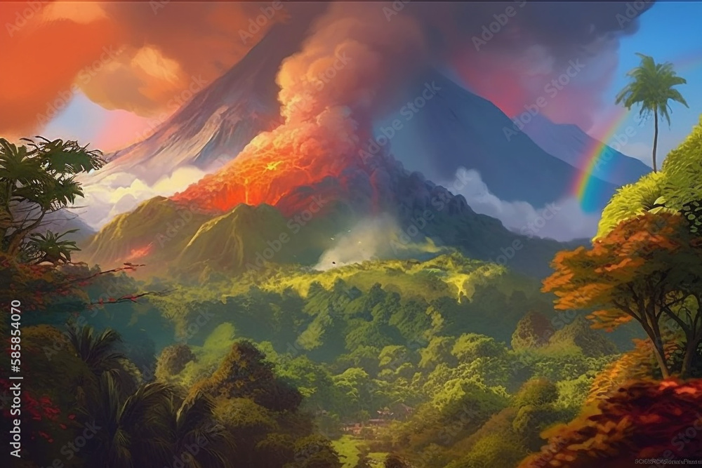 fantasy volcano and rainbow. generative ai