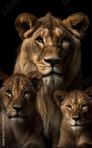 Portrait of a lioness with her children