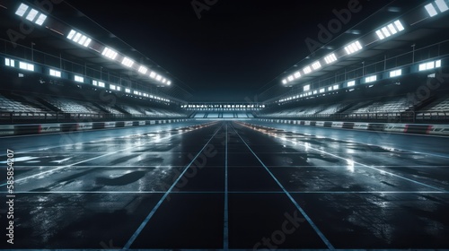 Asphalt racing track finis race sport stadium at night. Professional digital 3d illustration of racing sports. Generative AI