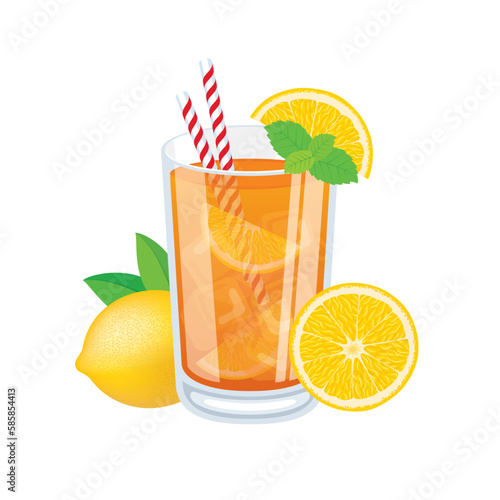Glass of ice tea with lemons vector illustration. Iced tea with citrus and mint icon vector isolated on a white background. Glass of lemonade with a straw drawing