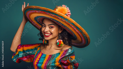 Vibrant Mexican Woman in Traditional Carnival Outfit on Solid Color Studio Background. Celebrating Cinco de Mayo. 16:9 Aspect Ratio. Copy Space. Generative AI