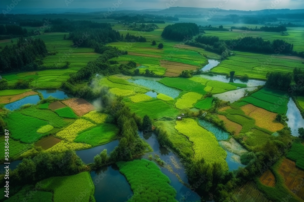 top view of cultivated agricultural farming land with vivid green color with river passing by. generative ai 