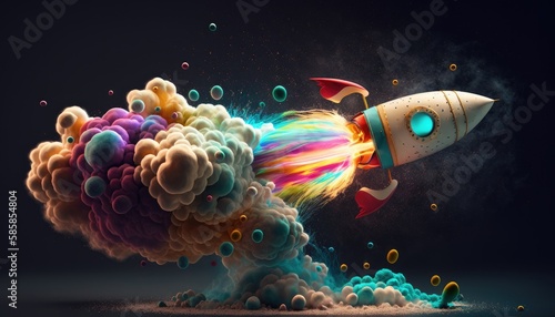 Spaceship taking off into space with multicolored smoke