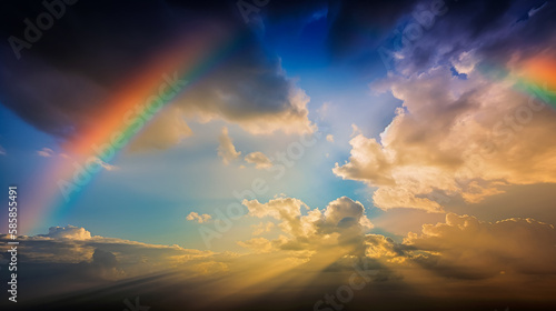 Stunning Weather Dreams, Cloudy sky, Sunlight with Sunbeam and Rainbow. Generative AI.