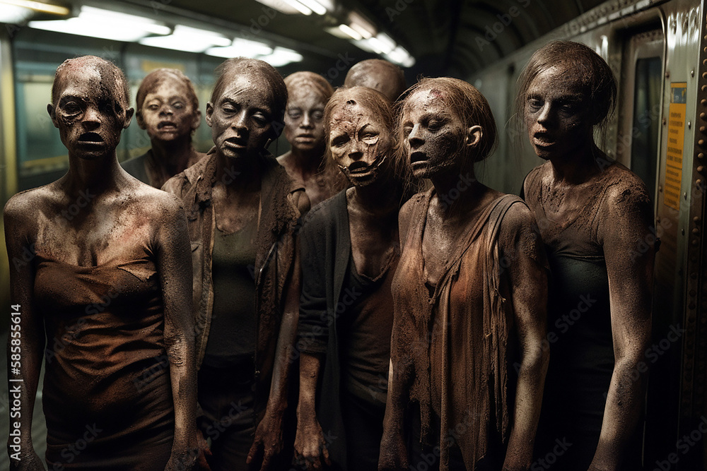 Group of zombies standing in a subway and waiting for food. Generative AI Group of zombies standing in a subway and waiting for food. Generative AI