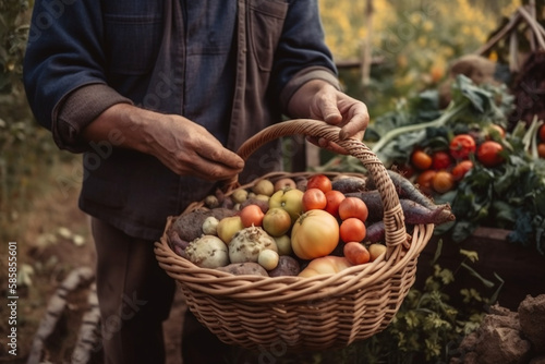 holding a basket of harvested vegetables against the background of a farm. generative ai