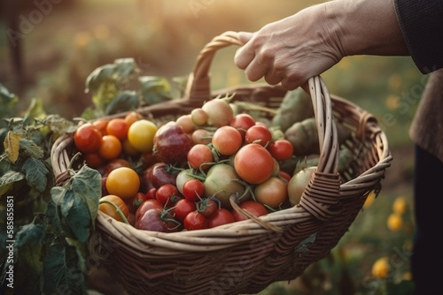  holding a basket of harvested vegetables against the background of a farm. generative ai