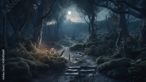 fantasy moon forest, horror, haunting and looming. generative ai