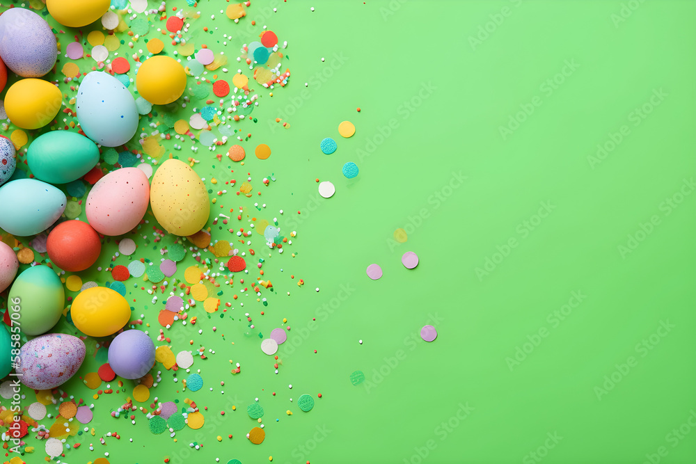 Fotografie a green background with colorful easter eggs and sprinkles