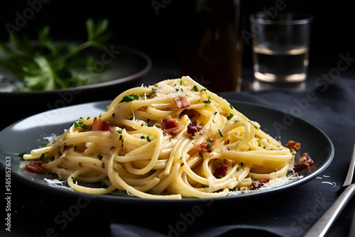 Carbonara, a classic Italian dish, is served on a simple white plate in traditional Italian cuisine. Created using generative AI. 