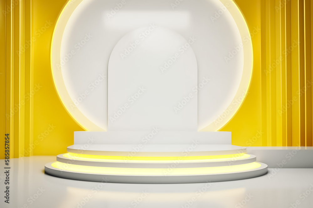 Yellow and White combination color Display mock up 3D luxury stage with LED light and simple shape decoration around it. generative AI Yellow and White combination color Display mock up 3D luxury stage with LED light and simple shape decoration around it. generative AI