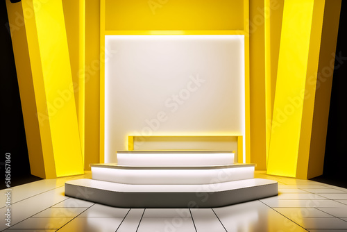 Yellow and White combination color Display mock up 3D luxury stage with LED light and simple shape decoration around it. generative AI