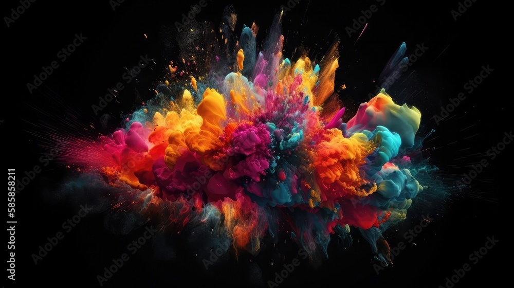 Explosion of colors, very realistic vivid and bright colors on the black background, unique paint styles - Generative AI
