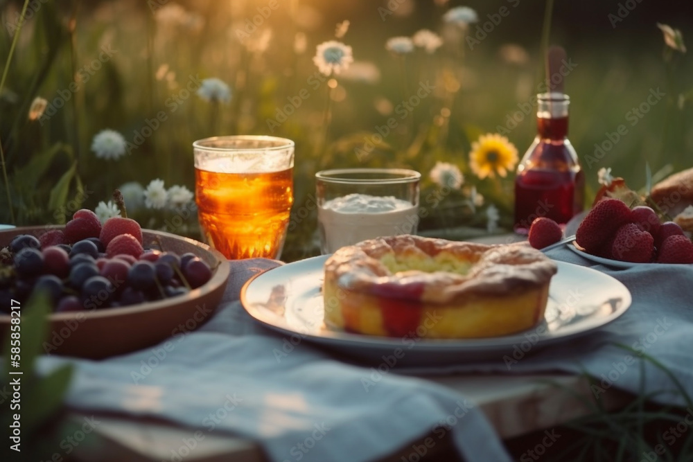 breakfast on the grass. the background of a meadow. generative ai breakfast on the grass. the background of a meadow. generative ai