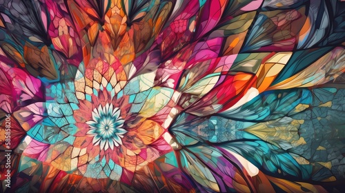 Design an abstract background that features a kaleidoscope of vivid colors and intricate patterns, inspired by the mesmerizing beauty of stained glass windows - Generative AI