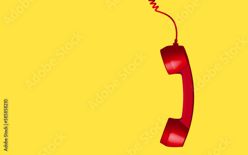3d red vintage phone receiver isolated on yellow background. Retro analog telephone handset. Old communicate technology. object composition right background vector illustration