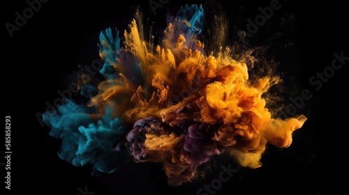 Explosion of colors, very realistic vivid and bright colors on the black background, unique paint styles, gold texture accent with fire and fast rotation - Generative AI