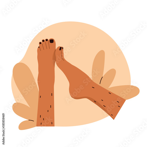 Unshaved hairy female legs. Body positive, normalize female body hair, skin care. Vector illustration in cartoon style. Isolated white background.
