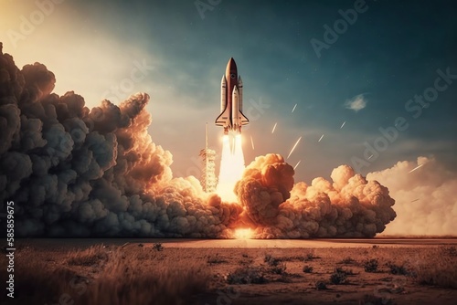 Rocket launch. Rocket starts into space concept. Spaceship takes off. Generative AI photo
