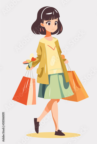 Flat color Vector illustration of girl with shopping bags