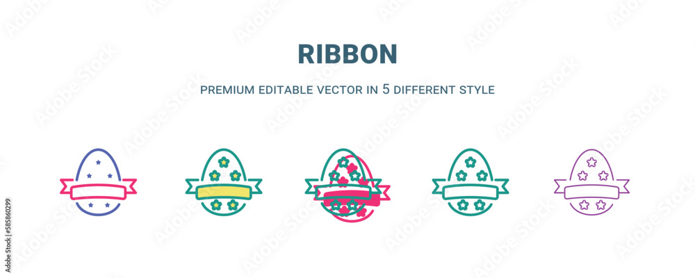 ribbon icon in 5 different style. Outline, filled, two color, thin ribbon icon isolated on white background. Editable vector can be used web and mobile