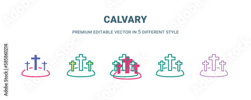 calvary icon in 5 different style. Outline, filled, two color, thin calvary icon isolated on white background. Editable vector can be used web and mobile