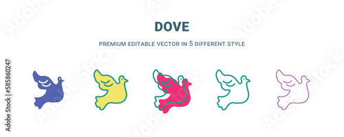 dove icon in 5 different style. Outline, filled, two color, thin dove icon isolated on white background. Editable vector can be used web and mobile