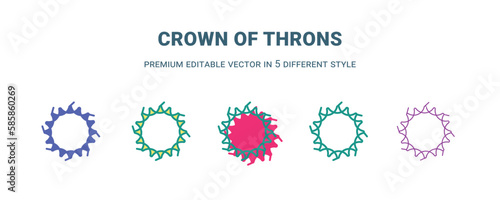 crown of throns icon in 5 different style. Outline, filled, two color, thin crown of throns icon isolated on white background. Editable vector can be used web and mobile