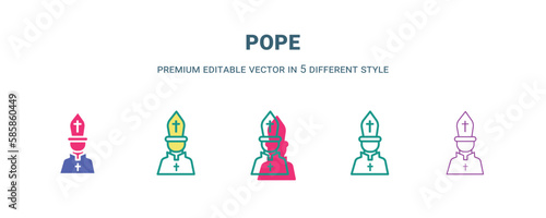 pope icon in 5 different style. Outline, filled, two color, thin pope icon isolated on white background. Editable vector can be used web and mobile