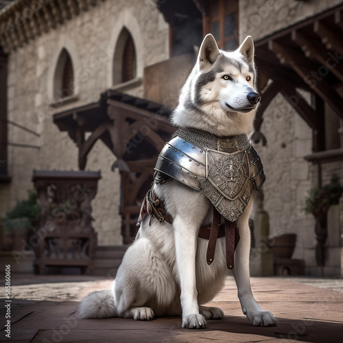 Siberian husky wearing armor in a medieval castle courtyard, Generative AI