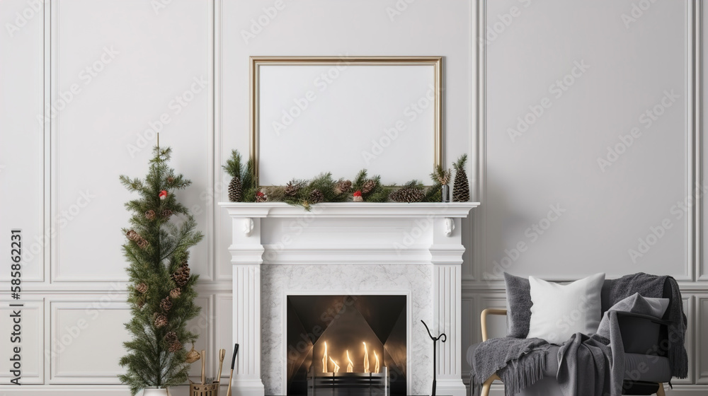 A modern home Christmas decoration design, with a large wall art frame blank mockup with white background, simple and elegant, christmas decoration for home with fireplace, AI generated A modern home Christmas decoration design, with a large wall art frame blank mockup with white background, simple and elegant, christmas decoration for home with fireplace, AI generated