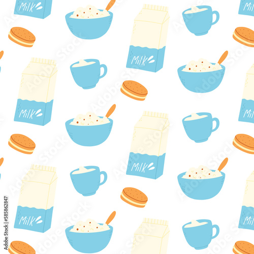 Seamless pattern with dairy products. Print for fabric with porridge, cookies and milk. Vector illustration. Flat style.