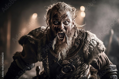 Viking Battle Cry: Screaming Portrait, Generative AI photo