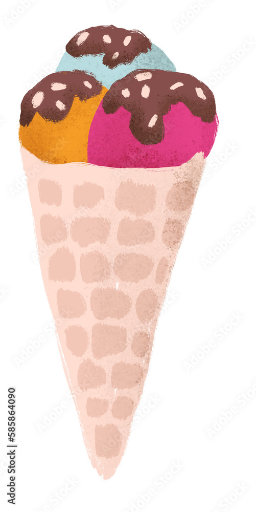 Hand drawn illustration of ice cream in cup bowl, retro vintage style. Pink mint yellow round shape with chocolate, sweet tasty summer holiday food, fun design for colorful beach art.