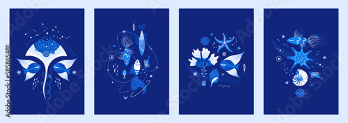 Set of vector illustrations of cosmic underwater creatures. Marine life decorated with constellations, stars, planets. Magic space sea designs for posters, notebook covers. Blue colors
