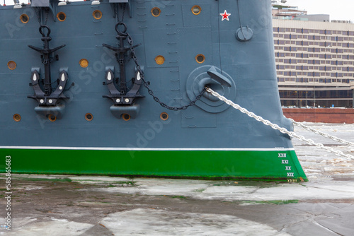The bow of an old Russian cruiser with anchors