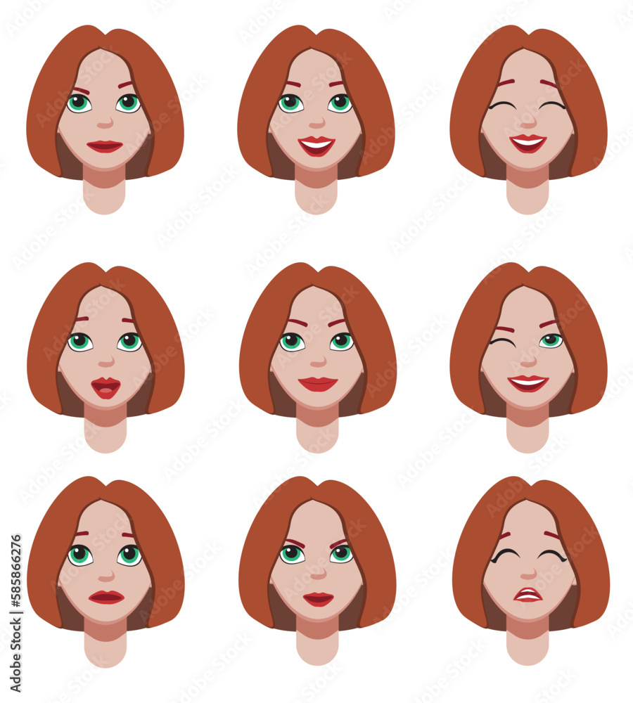 Set of different emotions of a young girl. The expression on the face of a beautiful young girl. Smile, happiness, anger, disappointment, sadness, surprise. Vector emoji.
Set of different emotions of a young girl. The expression on the face of a beautiful young girl. Smile, happiness, anger, disappointment, sadness, surprise. Vector emoji.